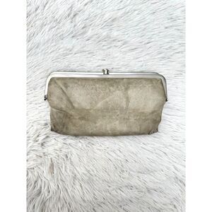 HOBO Lauren Double Frame Kisslock Wallet Gray Taupe Distressed Leather
